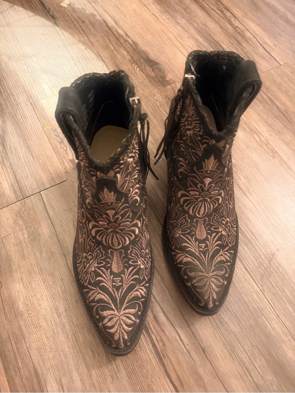 Embellished Floral Embroidered Ankle Boots - Black/Bronze